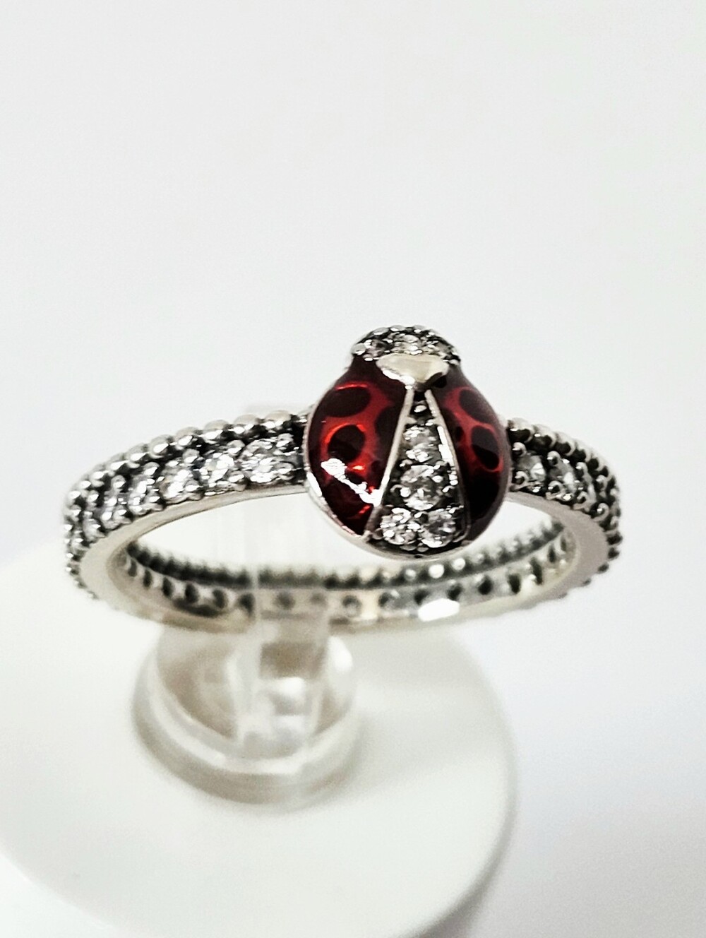 Sterling Silver Red Enamel Ladybug Ring with Cubic Zirconia Stones size 7
